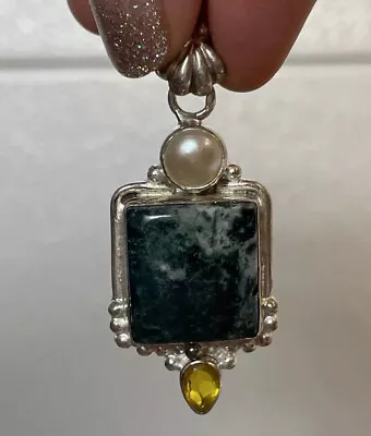 Vintage 925 Sterling Silver Pearl Green Agate Citrine Square Pendant • $27.99