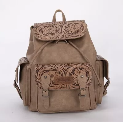 Wrangler Vintage Floral Tooled Backpack Purse Anti-Theft Travel Bags Khaki • $99.99