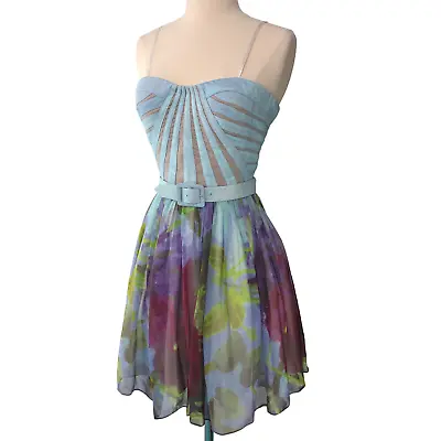 Aidan Mattox Womens Size 0 Corset Silk Party Dress Dress Watercolor Belted • $99.95