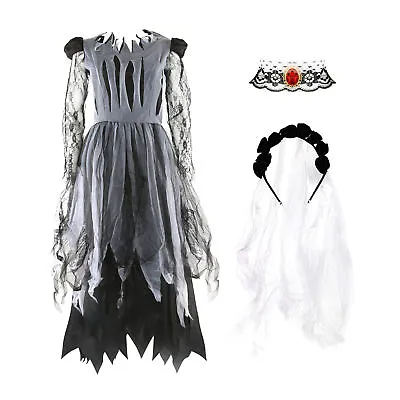 Ladies Corpse Bride Dress Black Zombie Halloween Fancy Dress Dead Ghost Costume • £6.99