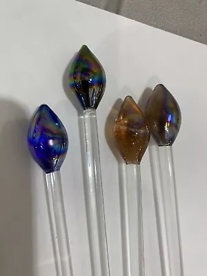 Swizzle Sticks Iridescent 4 Egg Vintage Swizzle Sticks Hand Blown Glass Teardrop • $15