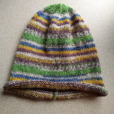 Hand Knitted Ladies Fair Isle Effect Beanie Hat. Green Yellow Blue Cream • £3.50