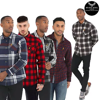 Mens Brave Soul Printed Check Shirt Brushed Cotton Lumberjack Casual Work Shirt • £13.99