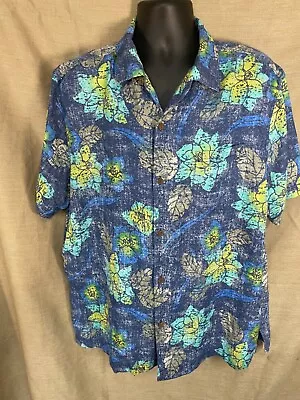 Tommy Bahama Short Sleeve Button Down Blue Floral Silk Polyester Blend XL • $9.99