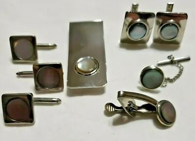 8 Piece Set Abalone In Silver-tone Cufflinks Tie Pin Clip Money Clip Shirt Studs • $10