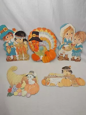 Vintage Thanksgiving Pilgrim Children Turkey Pumpkins Cardboard Die Cut Set Of 5 • $10