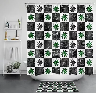 Black White Check Plaid Marijuana Leaf Shower Curtain Bathroom Accessories Set • $10.98