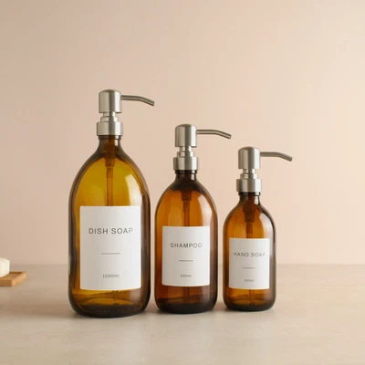 £8.99 • Buy Amber Glass Labelled Bottle With Silver Dispenser Pump For Soap/Shower/Shampoo