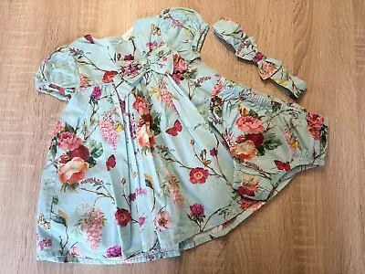 Blue Floral NEXT Dress With Matching Knickers & Headband. Age 3-6 Months. • £6