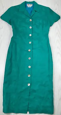 Maggy London Linen Dress Womens 4 Teal Blue Floral Button Front Short Sleeve • $15