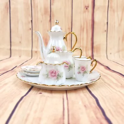 Vintage Miniature 8 Piece Tea Set Pink Floral Pattern Glazed Ceramic/Porcelain • $15