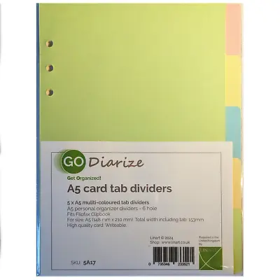 GO Diarize A5 Card Tab Dividers Filofax Clipbook Compatible 6 Hole Organiser • £5.49