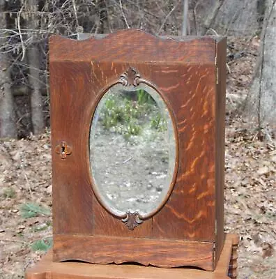 Antique Art Nouveau Oak Apothecary Bathroom Medicine Cabinet Beveled Mirror • $395