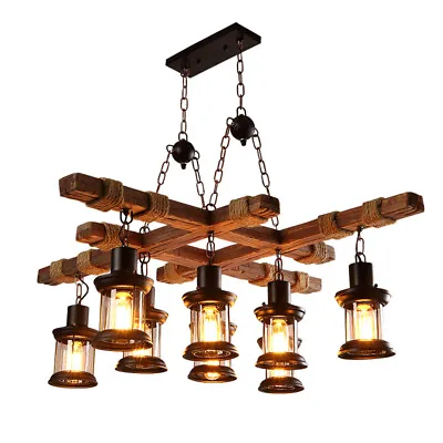 8-Light Rustic Country Chandelier Wood Pendant Lamp Industrial Ceiling Fixture • $127.21