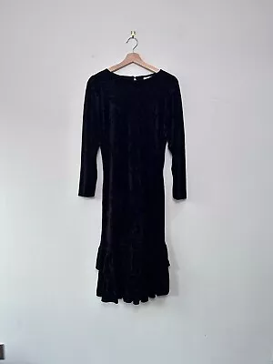 Mary Quant Vintage Black Crushed Velvet Maxi Dress Ruffle Hem Size 10 UK Made • £44.99