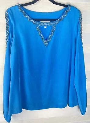 Madison Marcus Women Sky Blue Beaded Rhinestone Long Sleeve Silk Top Medium • $49.99