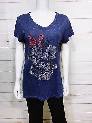 Disney Parks Womens T-Shirt Size XL Blue Mickey & Minnie Mouse Rhinestone Top • $25.99