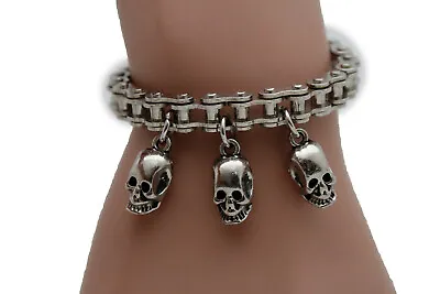 Women Silver Metal Punk Rocker Wrist Bracelet Bling Skull Motorcycle Links Band • $15.99