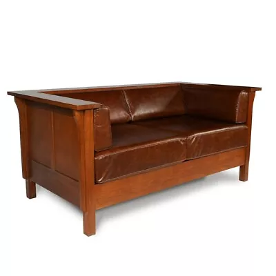 Arts And Crafts / Craftsman Cubic Panel Side Love Seat - Chestnut Brown Leather • $2450