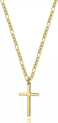 14K Gold Filled Cross Necklace For Men Figaro Chain Stainless Steel Plain Polish • $37.99