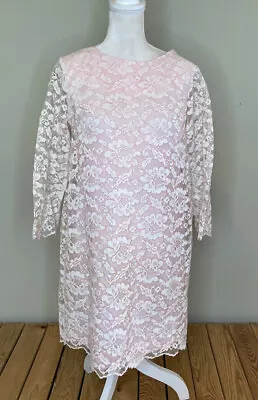 Vintage Women’s Long Sleeve Lace Knee Length Dress Size S Pink White • $16.19