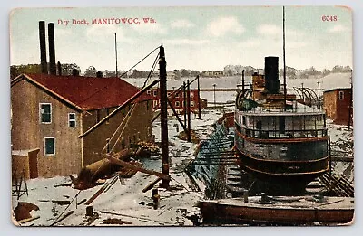 C1908Dry Dock In Winter Snow Steamboat Antique Manitowoc Wisconsin WI Postcard • $8.75