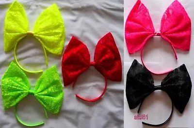 BIG LARGE COLOUR LACE BOW ALICE HAIR HEAD BAND 80's RETRO PARTY FANCY DRESS NEW • £6.99