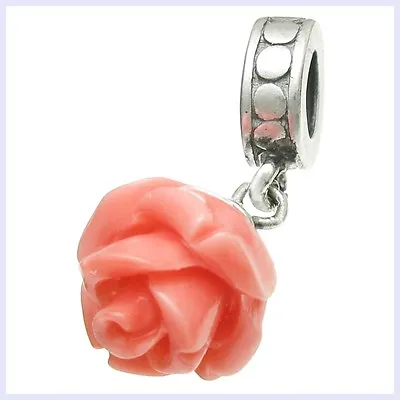 Sterling Silver Simulated Pink Coral Leaf Rose Dangle Bead For European Charm • $16.98