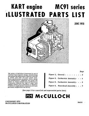 McCulloch MC-91 Series Kart Engine Illustrated Parts List June 1970 • $10.99