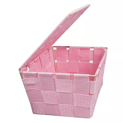 Fabric Woven Storage Basket With Lid Hamper Box Home Decor Kitchen Room Tidy UK • £7.43