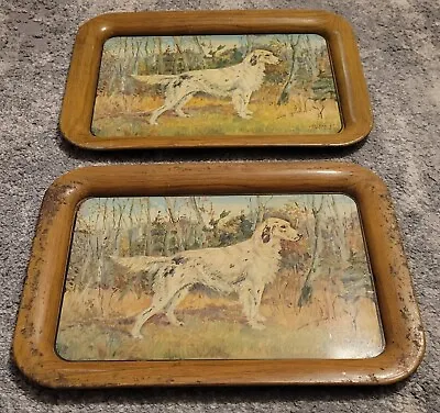 2 Vintage 1940s Ole Larsen Metal English Setter Hunting Dog Serving Lap Trays   • $30