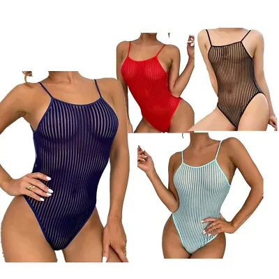IEFiEL Women 80s Thong Leotard High Cut One Piece Swimsuits See Through Bodysuit • $15.17