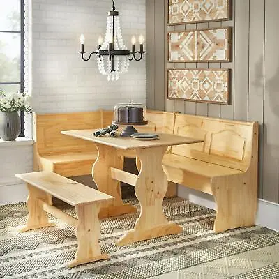Pine Finished Country Style Natural Corner Nook Dining Table And Bench Set Wood • $529.77