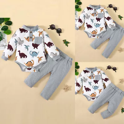 Infant Baby Boys Dinosaur Romper Tops Pants Set Kids Tracksuit Outfits Clothes • £2.99