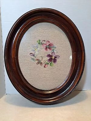 Vintage Needlepoint Picture Framed Glass Cottage Chic Shabby Violets 13 X10 3/4  • $18