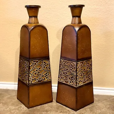 Floor Vase Set Ornate Tuscan Burnt Orange Metal Over Two Feet Tall Matching Pair • $75.65