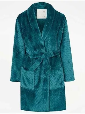 George Size M (12-14) Teal Honeycomb Fleece Shorter Length Dressing Gown Bnwt • £14.99