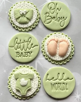 6 Green & White Baby Plaques Edible Fondant Cupcake Toppers Baby Shower • £6.95