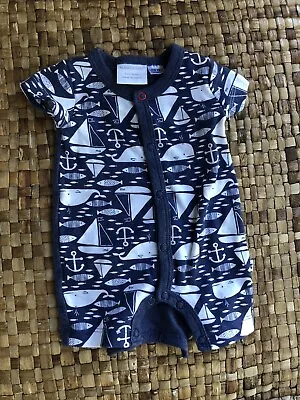 Baby Boy Size 0000  Marquise Summer Ocean Navy White Print Short Sleeve Romper • $12