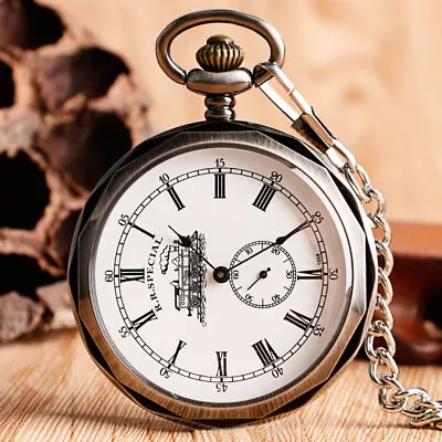 Men's Mechanical Pocket Watch Wind Up Open Face Silver Roman Numerals Dial Gifts • $18.59