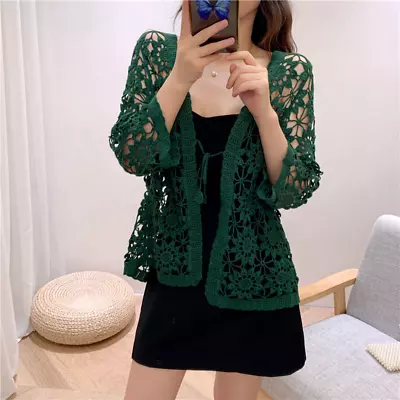 Women Crochet Lace Shrug Cardigan Top Hollow Out Knitted 3/4 Sleeve Shawl Coat • $16.66