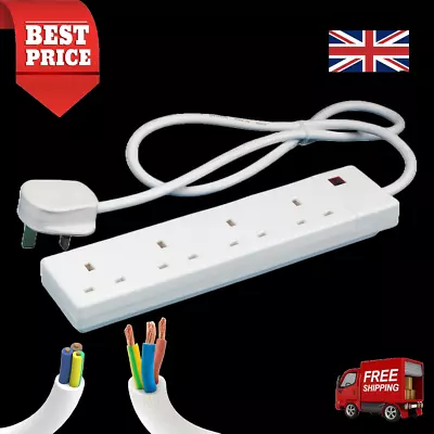 Extension Lead 4 Way - 4 Gang 13A Plug UK - Choose Length: 2m/5m/10m - 4 Socket • £7.89