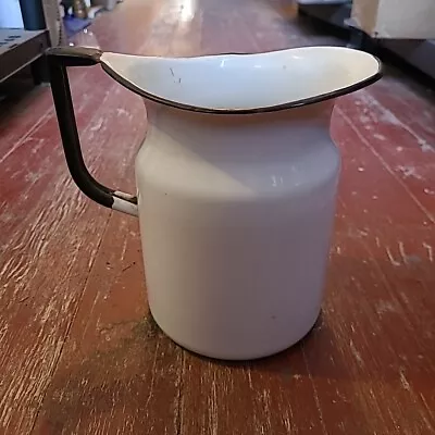 Water Milk Pitcher Porcelain Enamel Ware White With Black Trim VTG Farmhouse • $30