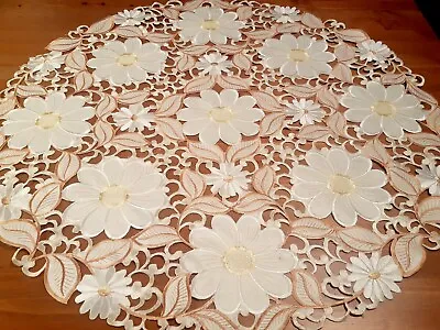 85*85cm Round BrownLeaf-White Sunflower Cutout Polyester Tablecloth • $10.29