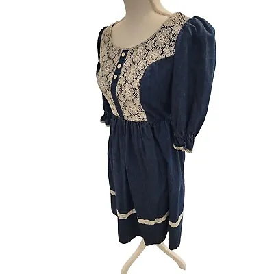Vintage 70s Long Sleeve Prairie Blue White Lace Dress S Cottage Core Denim • $59.96