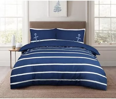 Sleepdown Sailor Striped Nautical Blue 100% Cotton Plain Reverse Duvet Cover Qu • £31.95