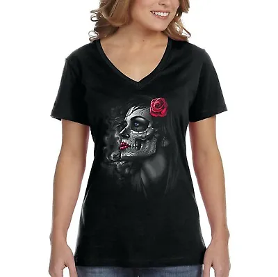 Womens Los Muertos Girl Flowers Sugar Skull Day Dead Dia Muertos Mexican T-shirt • $16.49