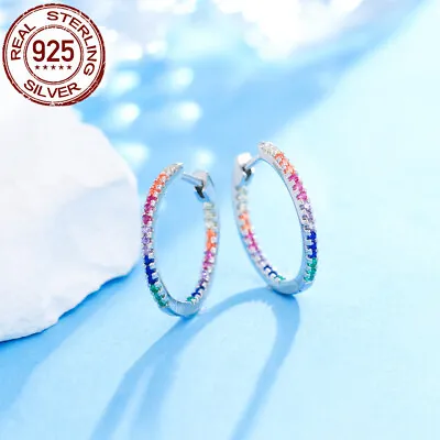 925 Sterling Silver Rainbow Colorful Zircon Hoop Earrings Stone CZ S925 Jewelry • $8.64
