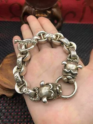 Asian Chinese Old Miao Silver Hand Cast Dog Statue Bracelet Jewel Cool Gift • $10.99