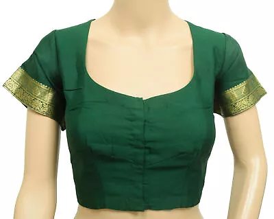 Size 40 Vintage Bottle Green Stitched Sari Blouse Pure Silk Woven Designer Choli • $19.99